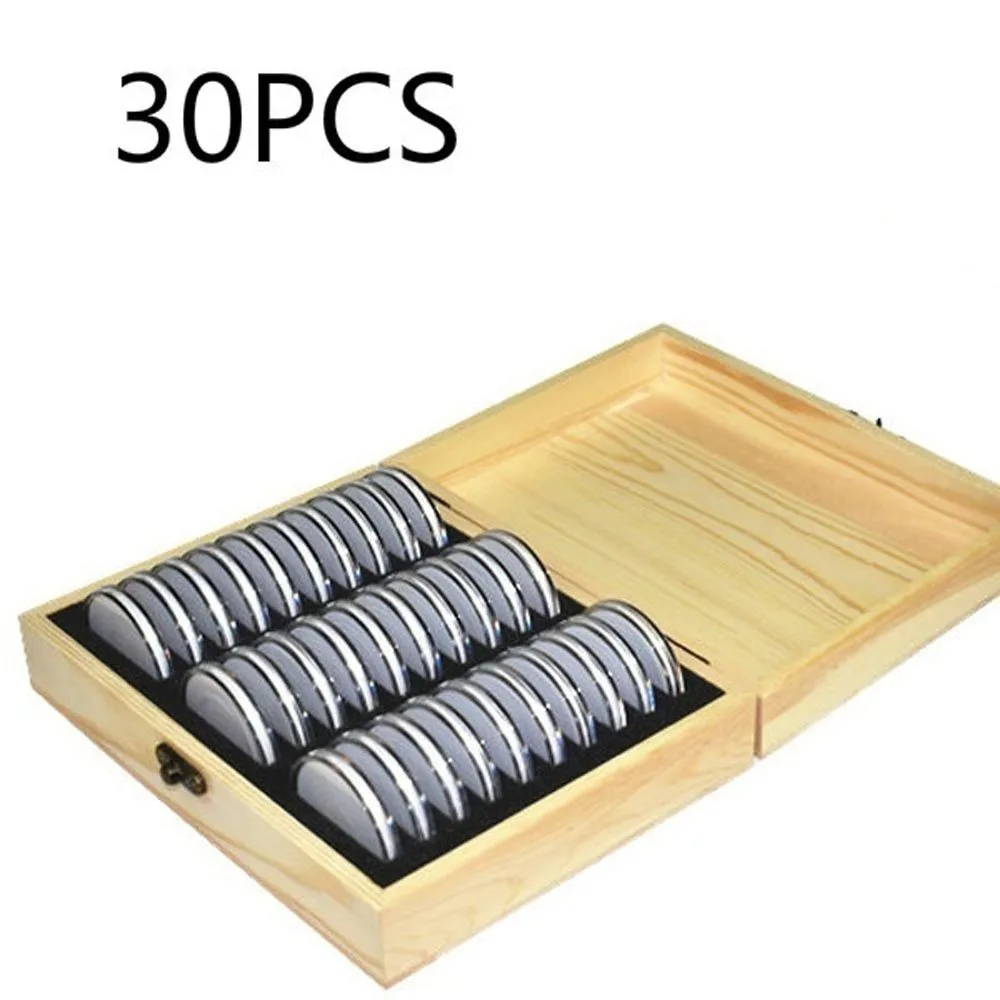 Coin Cases Holder Wooden Coins Storage Box Collection for Collectible Commemorative Coin with 30 Pcs Capsules Custom Wood Carton