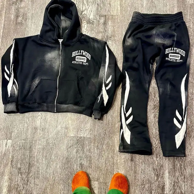 Acid Wash Sweat Suits Cotton Thick Zip Up Applique Embroidery Patch Flared Full Tracksuits Hoodies And Sweatpants Sets For Men