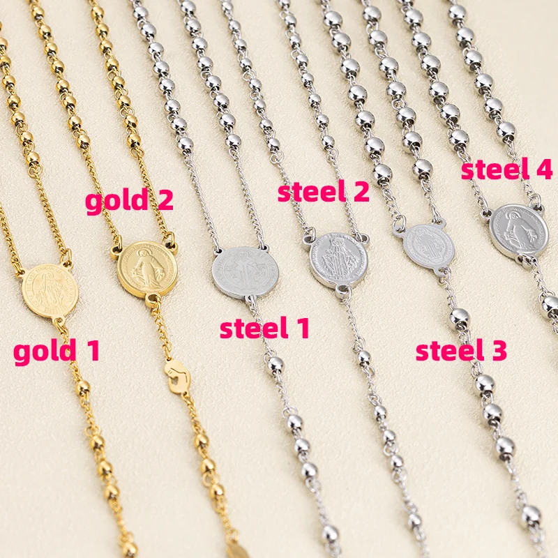 Stainless Steel Catholic Rosary Necklace Gold Plated Bead Jesus Crucifix Cross Virgin Mary Christian Jewelry