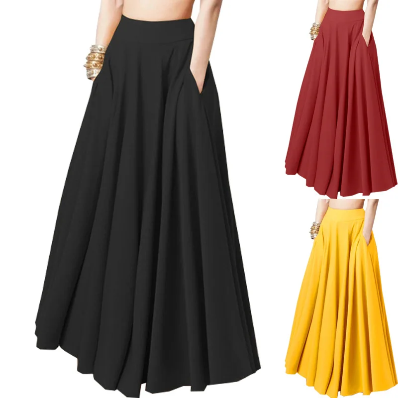 Plus Size Women Casual Long Maxi Skirt Solid Color High Waist Long Pleated Skirt With Pocket