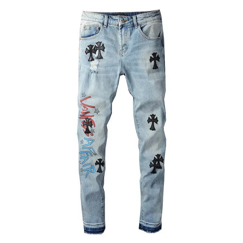 NSZ37 Light judy blue jeans cross funny print washed vintage jeans pants frayed men designer jeans