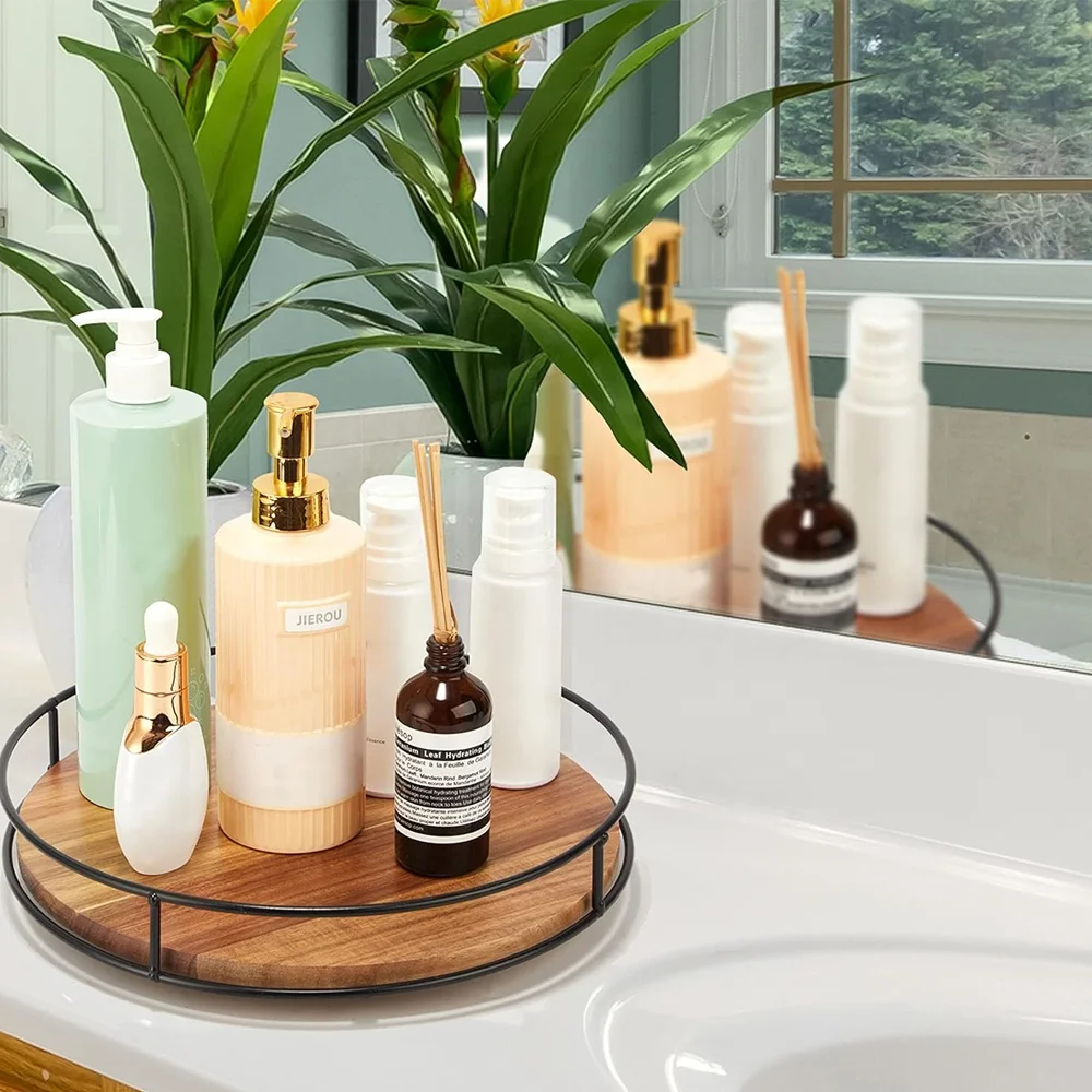 18 inches acacia wood tray round wooden decoration tray wood lazy susan turntable tray for countertop cabinet dining table