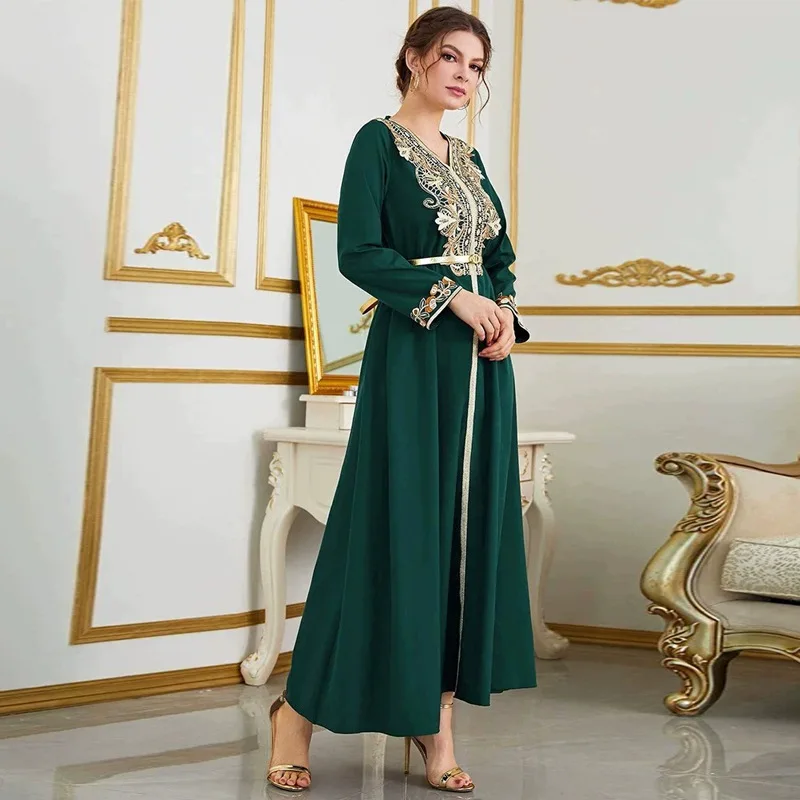 Hot selling 2023 chiffon Eid beaded belt fashion middle east chiffon abaya long muslim chiffon dress