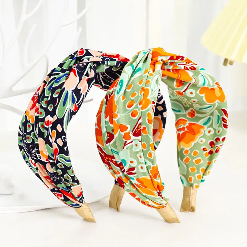 Colorful Chiffon Printed Cross Women Headband  Fashion Summer Flower Knot Hair Hoop Comfortable Soft Hair Accessories For Ladies