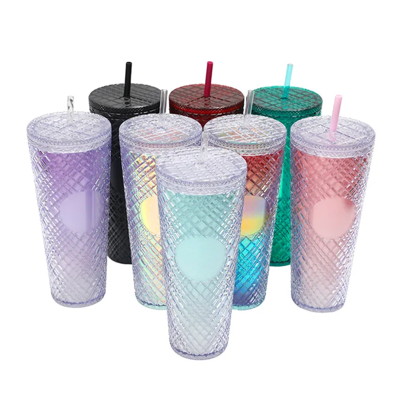 Hot Selling Double-Deck Straw Plastic Cup Universal Portable Irregular Gem Straw Cup