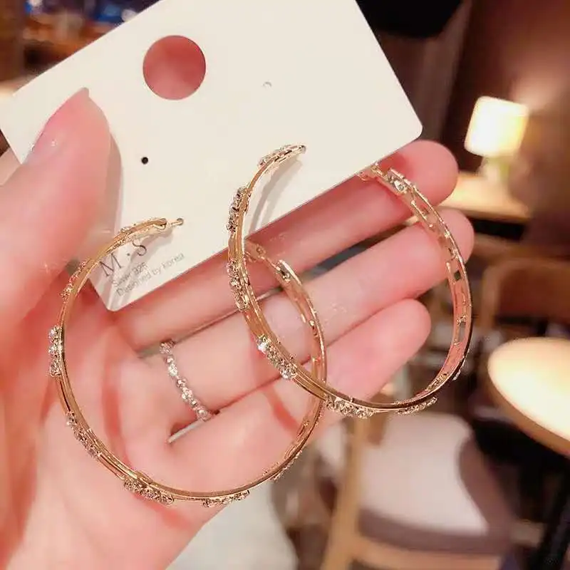  2021 New Gold Color Crystal Hoop Earrings for Women Rhinestone Round Circle Zircon Statement