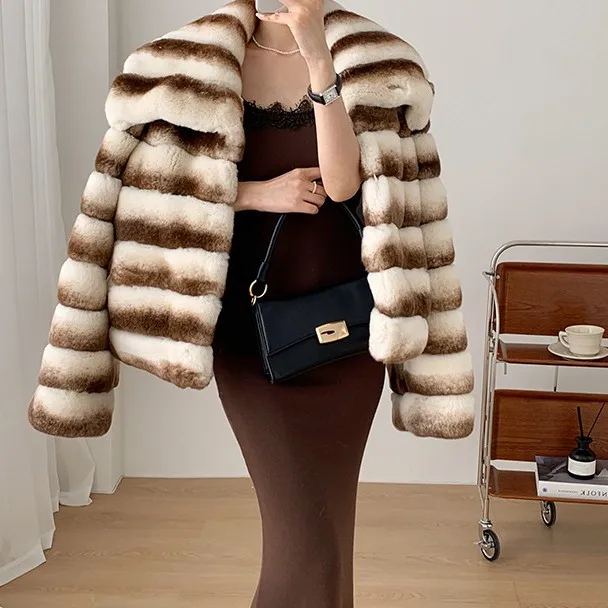 Good Price Whole Natural Women Rex Rabbit Fur Coat Real Full Fur Coat Turn-down Collar Winter Warm Fur Coat