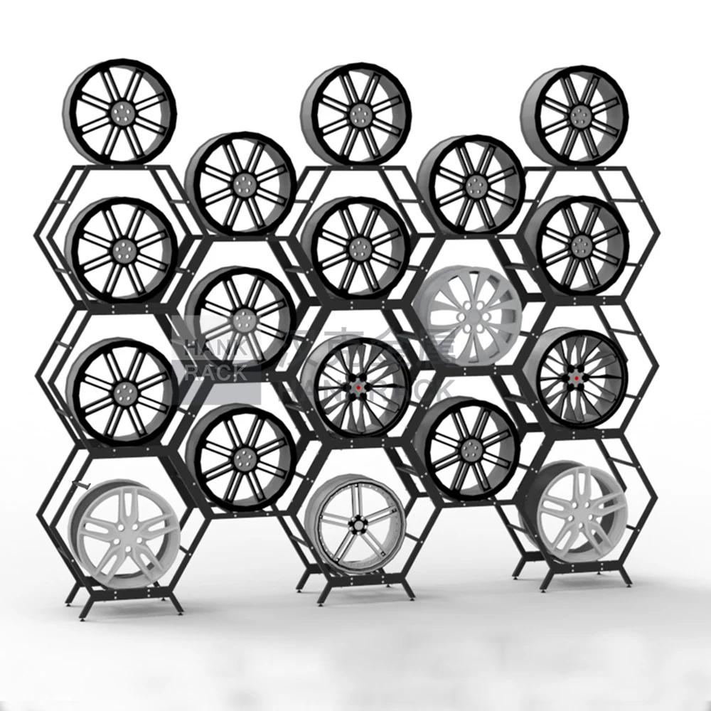 Car wheel display stand Ready to Ship Honeycomb Shape Hive Display Stand for Car Wheel Rims Hexagonal Wheel Rack