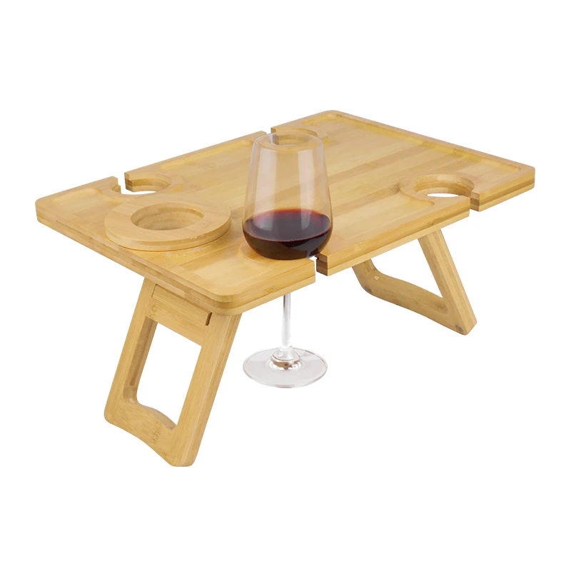 Outdoor Wine Picnic Table Large Folding Portable Bamboo Snack & Cheese Tray With 4 Wine Glasses Holder & Adjustable Wine Glass