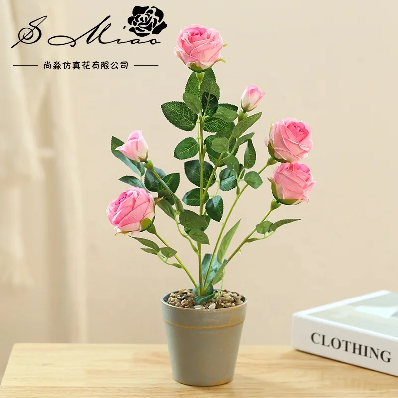 High quality artificial rose tree and gray plastic pot bonsai home decor