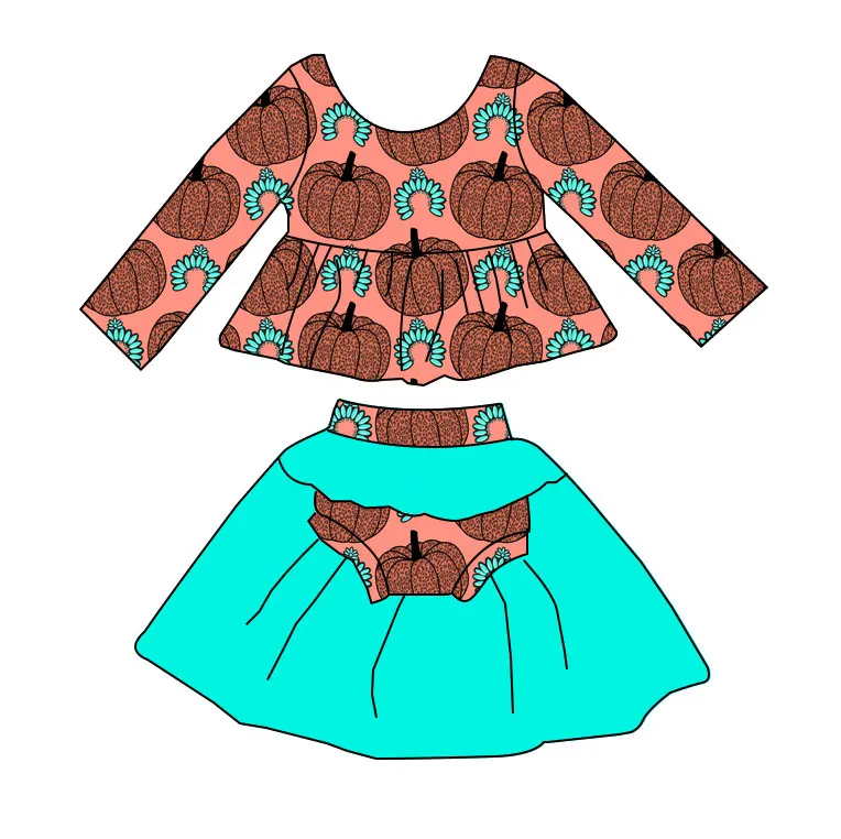 Wholesale Baby Girl Clothes Kids Halloween Girls clothing Long sleeve peplum top shorts with mesh Two pieces sets