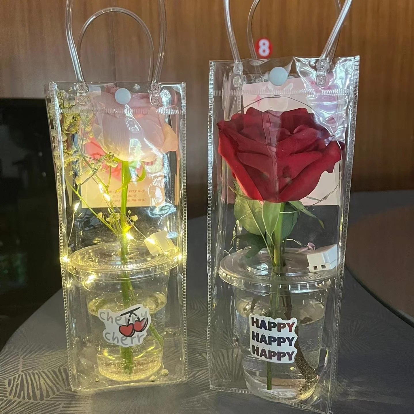 Influencers Tools Fresh Flowers Cup Take Away Pvc Bag with Bowknot Transparent