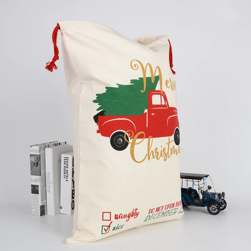9oz 100% Cotton Canvas Christmas Travel casual Sport Gym beach bag waterproof red drawstring silk screen printing pattern