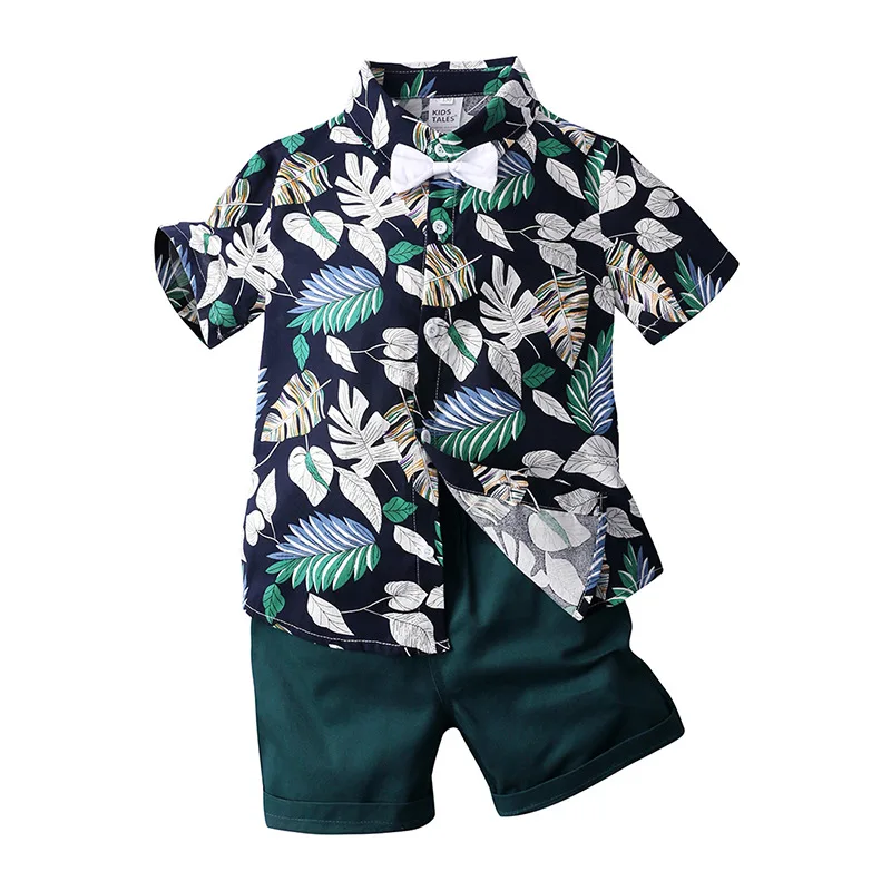 Wholesale New Design Leaf Pattern Toddler Boys Shirts And Pants Kids Clothing Set With Cute White Bow Tie