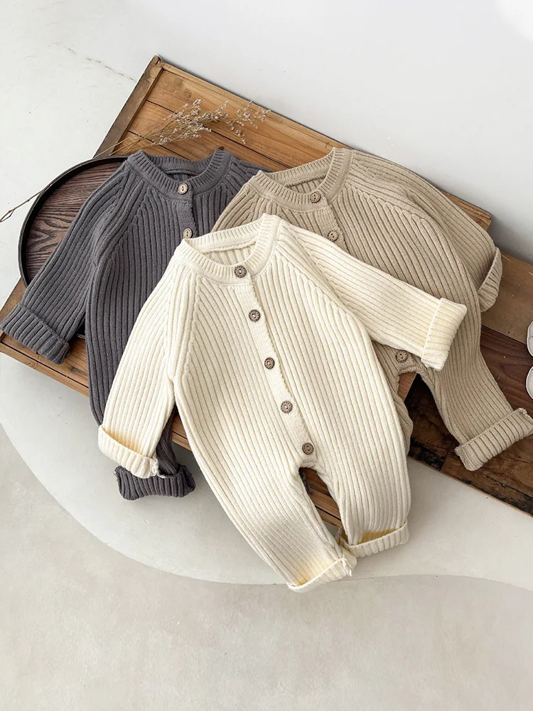 Baby Knitted Romper Cotton Ribbed New Born Baby Knit Sweater Jumpsuit Clothes Winter Infant Onesie Rompers