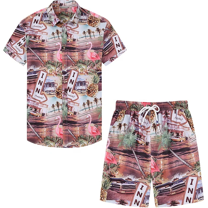 New Design polyester Hawaiian Shirt Matching Short Set Digital Printing Summer hawaiian shirts wholesale mens shirt set