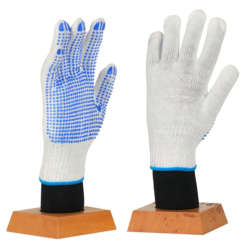 PPE 7/10 gauge anti-skid PVC dotted white cotton knitted working gloves one side dots