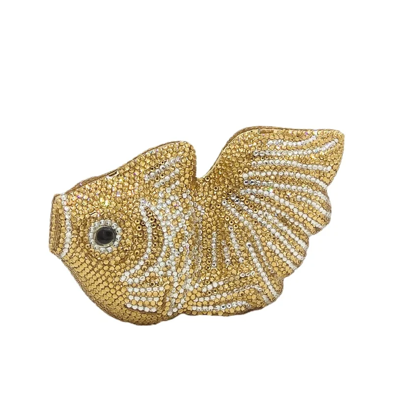Chaliwini Golden Fish Women Crystal Evening Purses Hard Case Diamond Clutch Minaudiere Bags Wedding Party Handbags