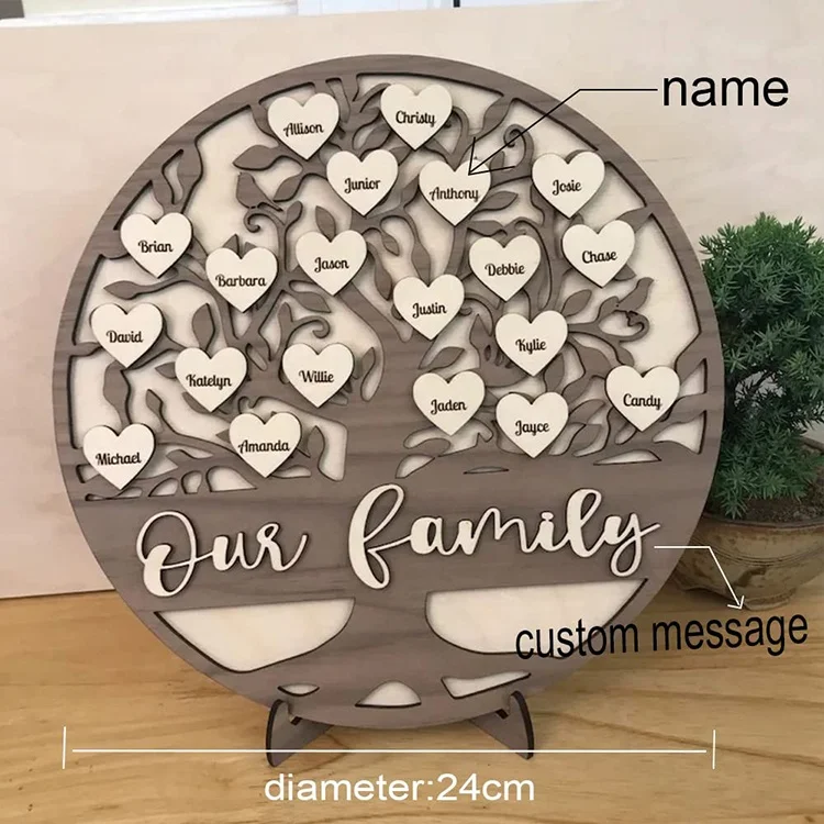 Handmade Wooden Decoration Family Tree Personalized Family Name Sign with Names on Heart Shape