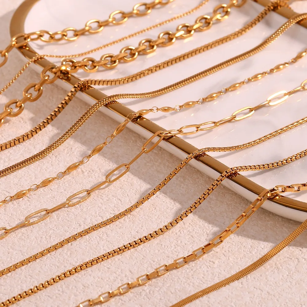 PVD 18k Gold Plated Waterproof Tarnish Free Stainless Steel Paper Clip Box Chain Necklace Chains For Jewelry Making