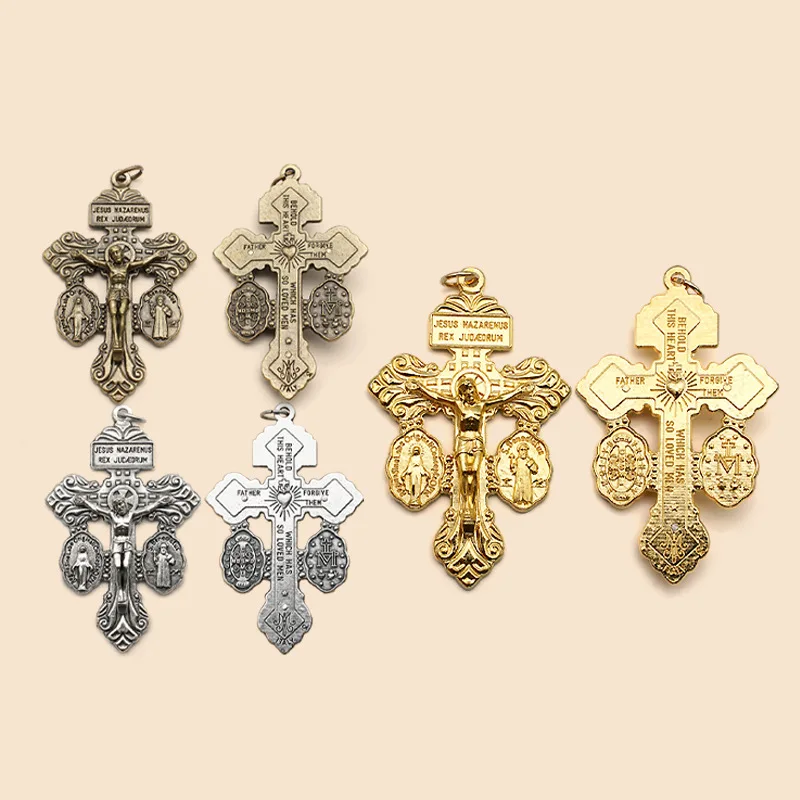 Pardon Indulgence Crucifix Cross with Miraculous Medal and Saint Benedict Medal Forgive them Behold this heart Pendant wholesale