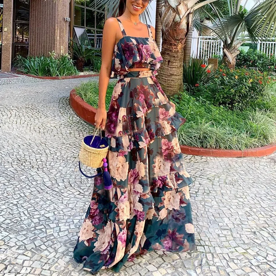 Fashion Wholesale 2 piece sleeveless crop top and maxi skirt sets layered long floral ruffle cake women summer dress