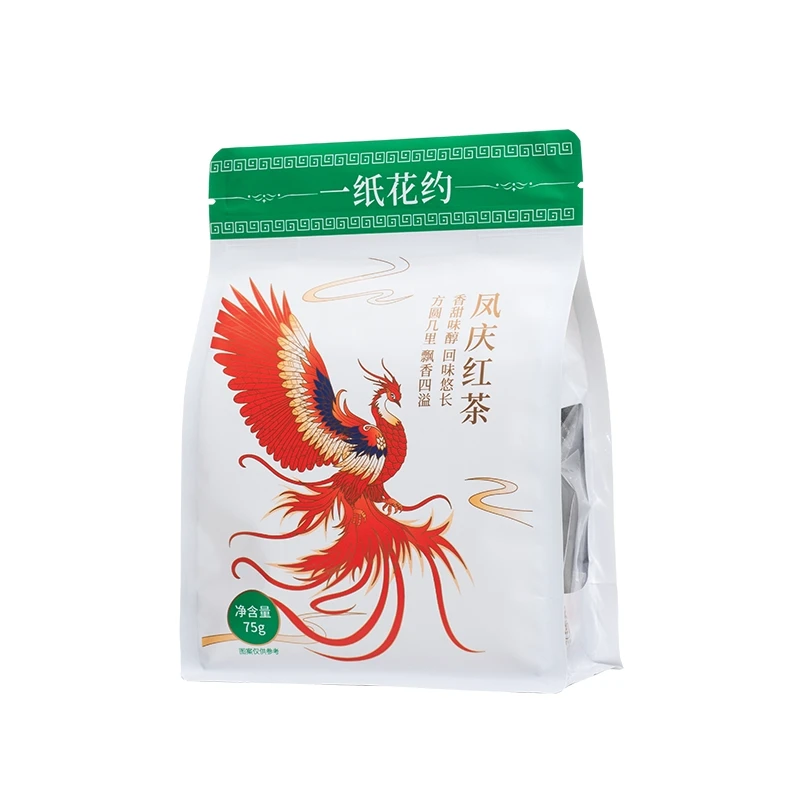 A nylon triangle tea bag made with hot or cold Chinese Fengqing County black tea