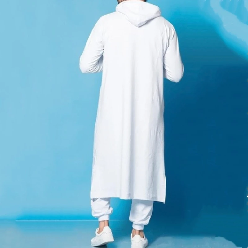 Long Hoodie Men Patchwork Islamic Muslim Men Autumn Pocket Pullover Arab Robe