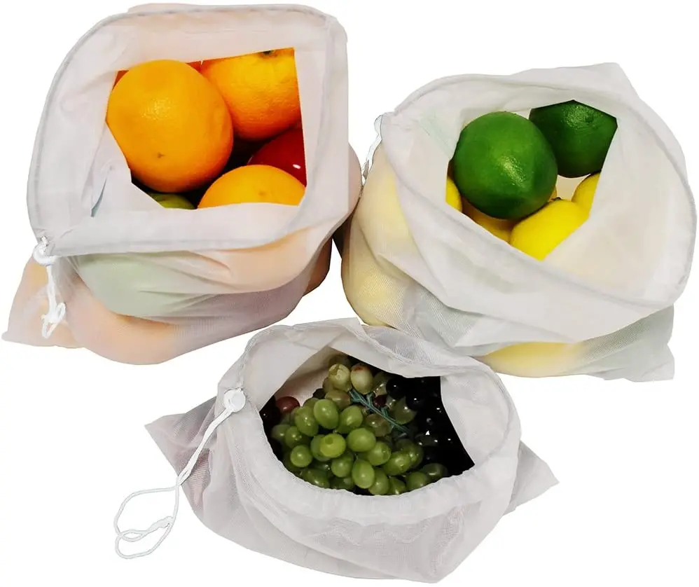 
White Virgin Polyester Produce white Rope Reusable Mesh Fruits Food Storage Bags 