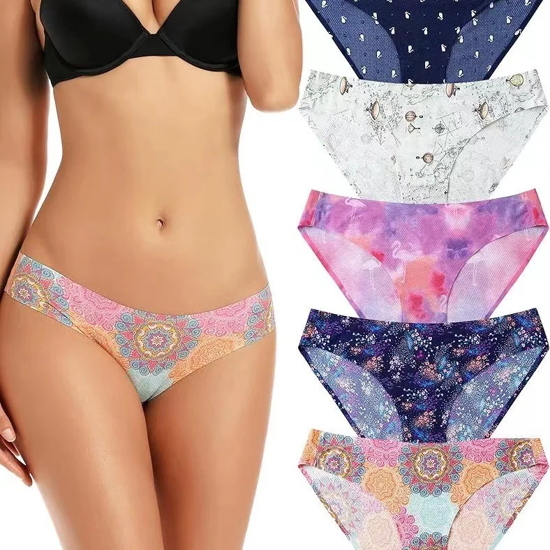 Floral Printing Panties Solid Seamless Women Underwear Breathable Mesh Sheer Thong Bikini Briefs Panty