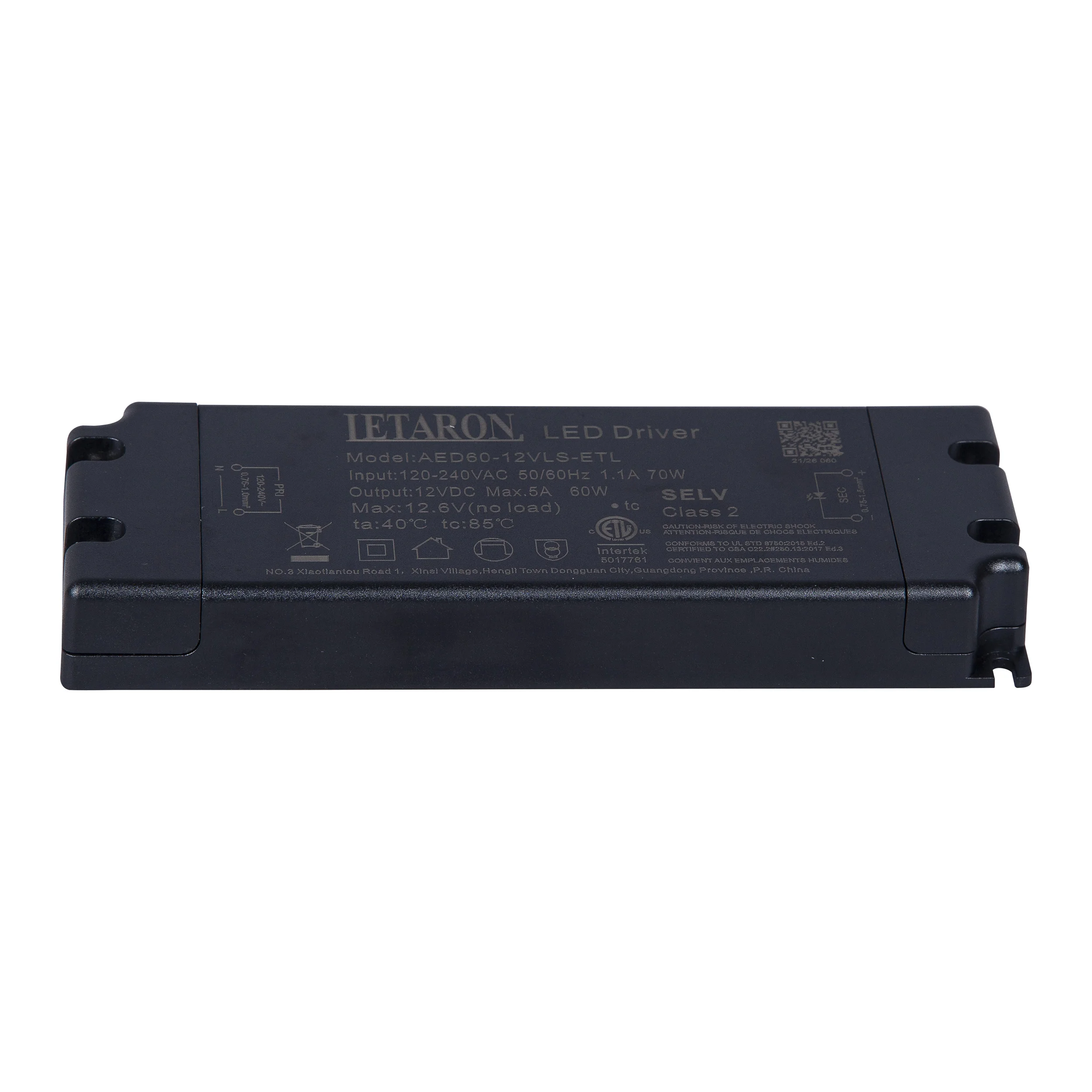 LETARON 12/24VDC 2500/5000mA 60W 120-240VAC 50/60Hz 154x54x19mm  ETL Super-Slim LED Driver