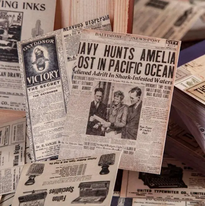 50 pages self-adhesive pocket stickers book with old newspaper retro plant washi stickers