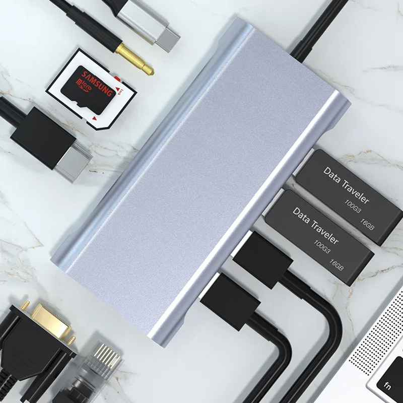Aluminium 11 in 1 gigabit ethernet sd tf Type C USB HUB 3.5mm Audio HDMI 4K VGA RJ45 100M PD 100W USBC Docking Station