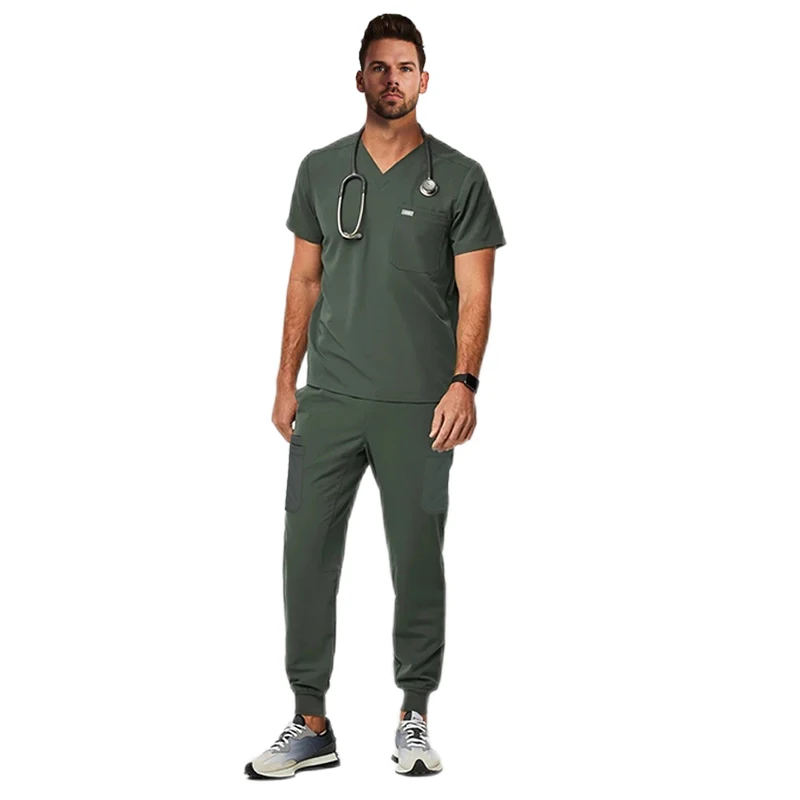 v neck olive green teal blue orange purple 4 way stretch private label male men unisex jogger uniforms hospital nurse scrubs set