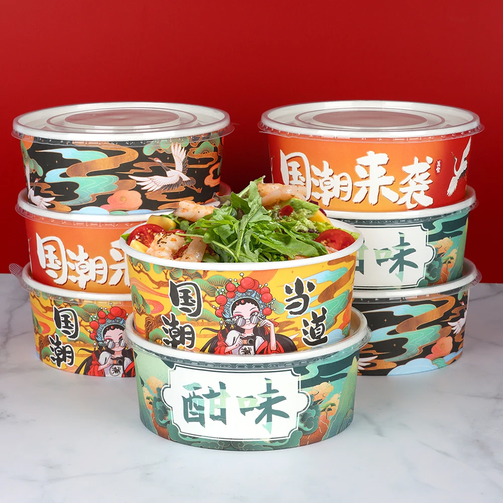 Wholesale Disposable Custom Logo Greaseproof Kraft Paper Take Away Food Packaging Fruit Salad Bowl With Lids
