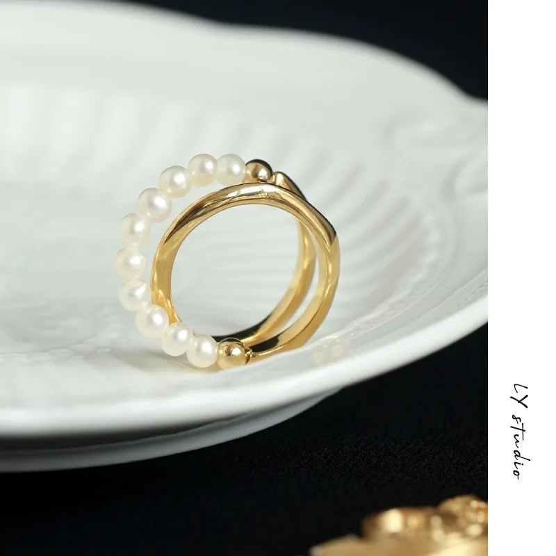 European Adjustable Pearl Ring Real Pearl Line Cross Ring Female Lady Style Gentle Design Stacking Jewelry Korean Metal Bulk