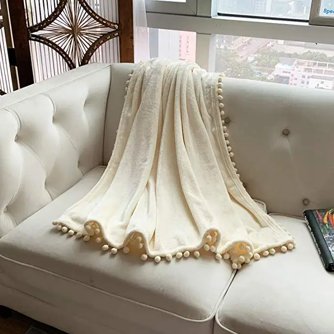 Luxury Microfiber Throw ball Tassel  Blanket Cozy Flannel Blanket with Pompom Tassel