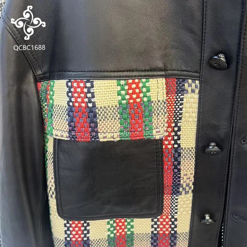Plaid lattice splicing leather coat women 2024 new uniform size loose and thin motorcycle clothing short