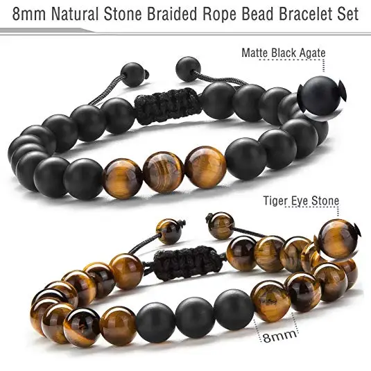 Men Women Couple Beads Custom Jewelry Sets Gifts Agate String Braided Rope Natural Tiger Eye Stone Yoga Bracelets Bangle