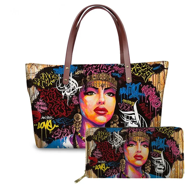 2021 Wholesale Custom Fashion Black Art Women Bags Girls African Handbags &Wallets Set Ladies Canvas Tote Bag