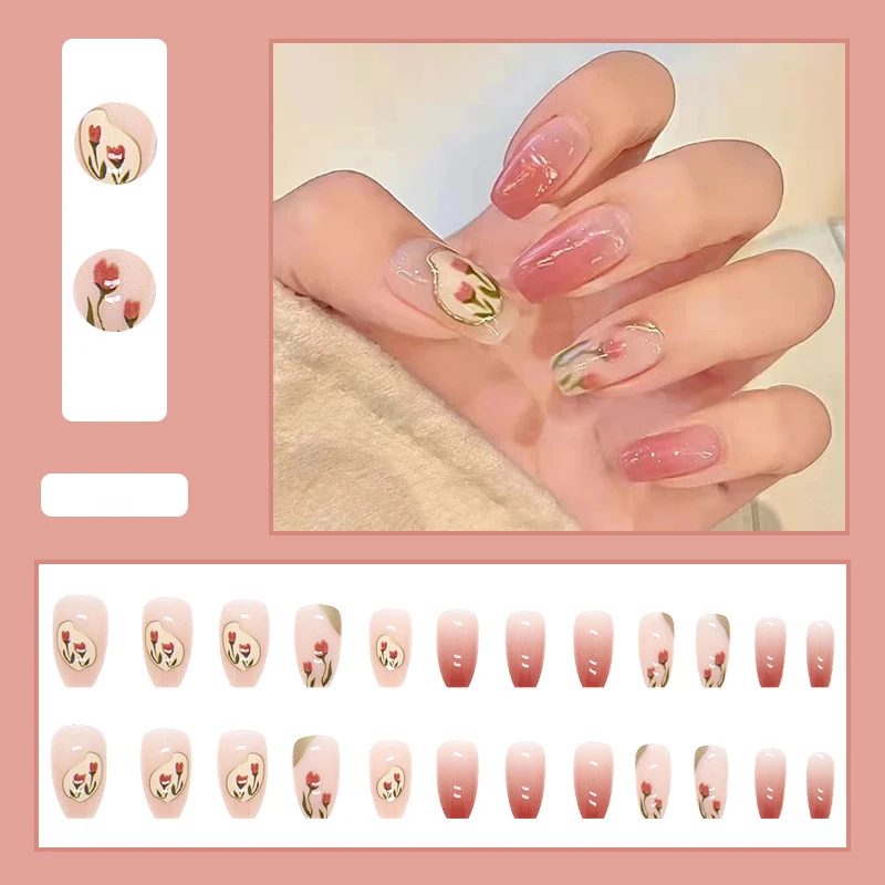 Wholesale Custom Gradient Vintage Tulip press on nails vendor with 3D false nail design and glue nail tip