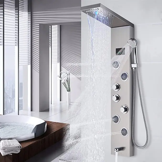 Bathroom LED Shower Panel Tower Shower Mixer Taps Hydraulic Body Massage Jets Wall Mounted 5 Functions Waterfall Rainfall Shower
