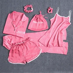 Custom Women Silk Nighty Sleepwear Sexy Satin Sexy Girls Sleepwear Pajamas Women 7 Pieces Suit Nighty Pyjamas for Women