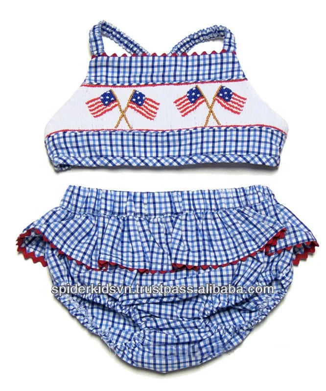 Infant/Toddler Girls Swimsuit Blue Smocked Baby American Flag Bikini toddler bikini Swimming Bikini Newborn to 10T