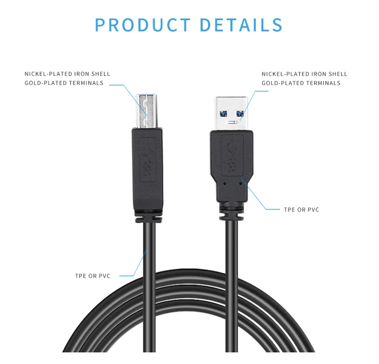 Customize USB Type A Male to B Male Printer Scanner Cord High Speed Compatible with HP Cable