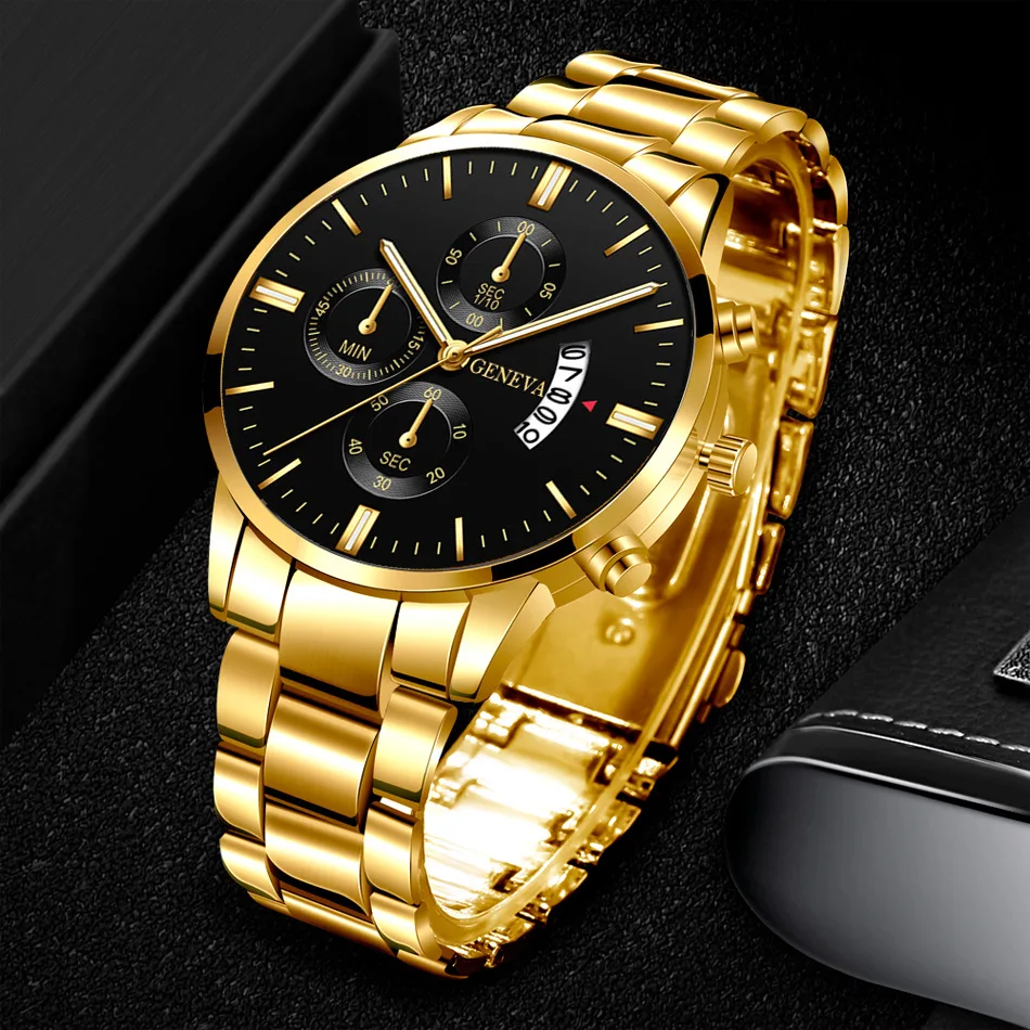 Wholesale Alloy Fashion Stainless Steel Quartz Watch Classic Boy Geneva Gold Watches for Men