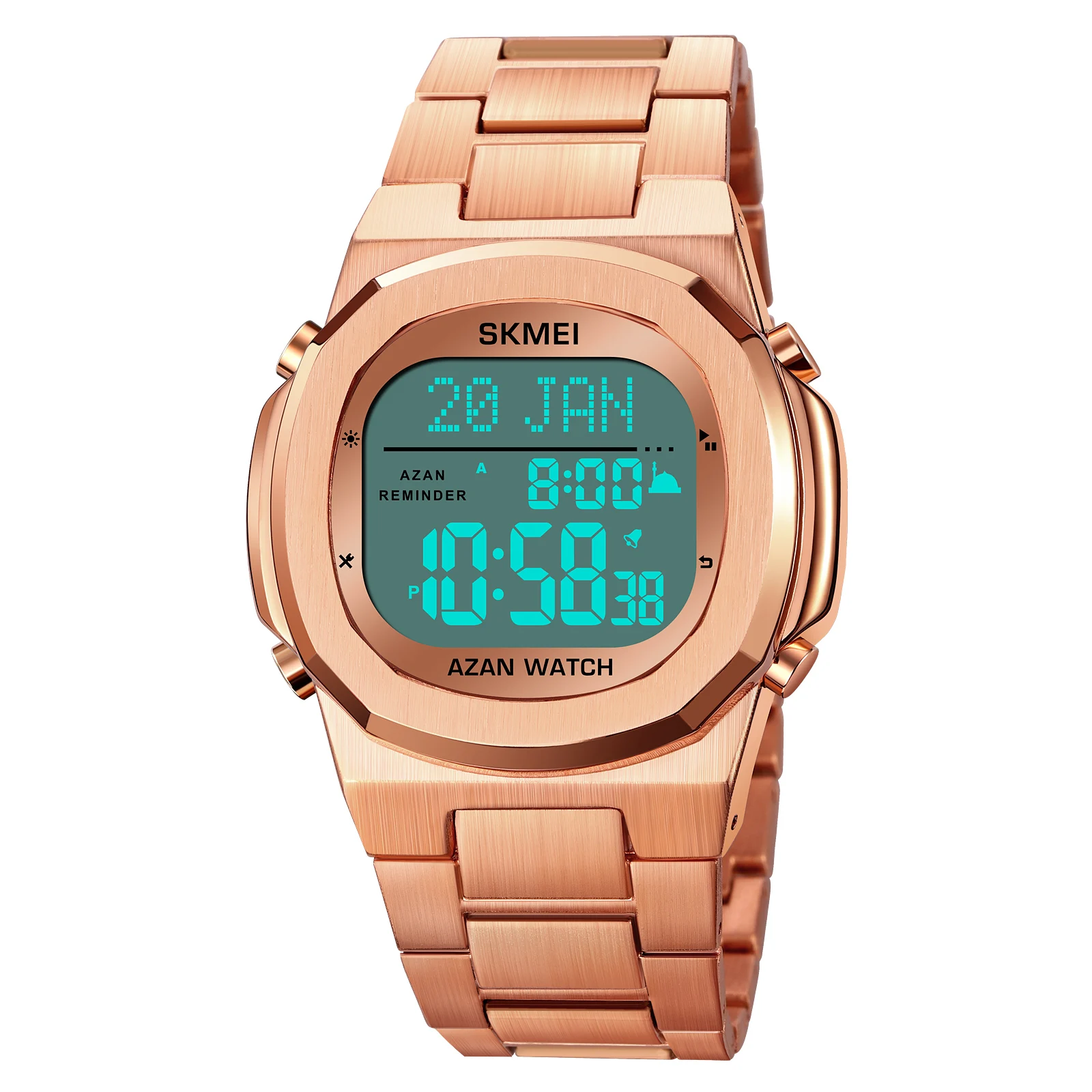 Skmei 2036 Azan Muslim Quran Bookmark Prayer Alarms Stainless Steel Waterproof Muslim Hijri Calender Watch Qibla Compass Watch