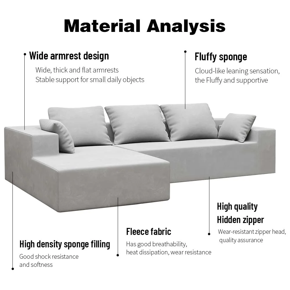 Young People Apartment Modern Sofas Beds Easy to Install Sectional Couches Square Armrest, Removable Low-Back Sofa Cushion Couch