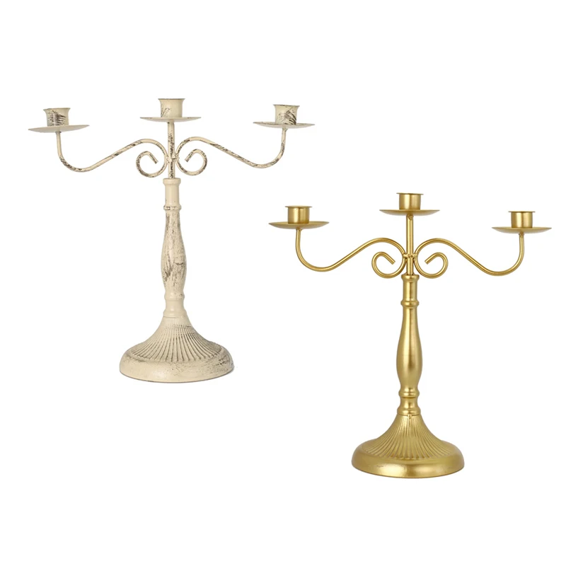 3 Arms Gold Iron Candelabra Candle Holders, 5 Arms Tall Gold White Metal Candelabra For Formal Events Wedding Church