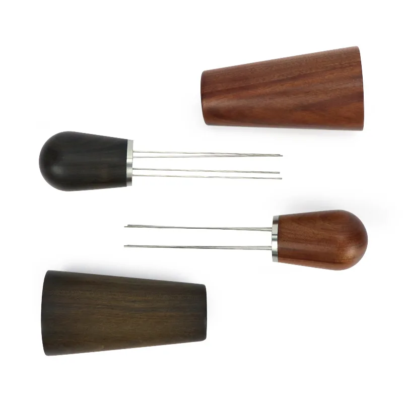 Home use wooden coffee powder distributor tool with holder coffee needle